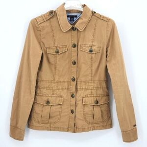 Tommy Hilfiger Military Jacket Shacket Womens Small Brown Weathered Distressed